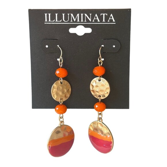ILLUMINATA Jewelry - ILLUMINATA Earrings Orange Pink Enamel Beads Hammered Disc Dangle Hook